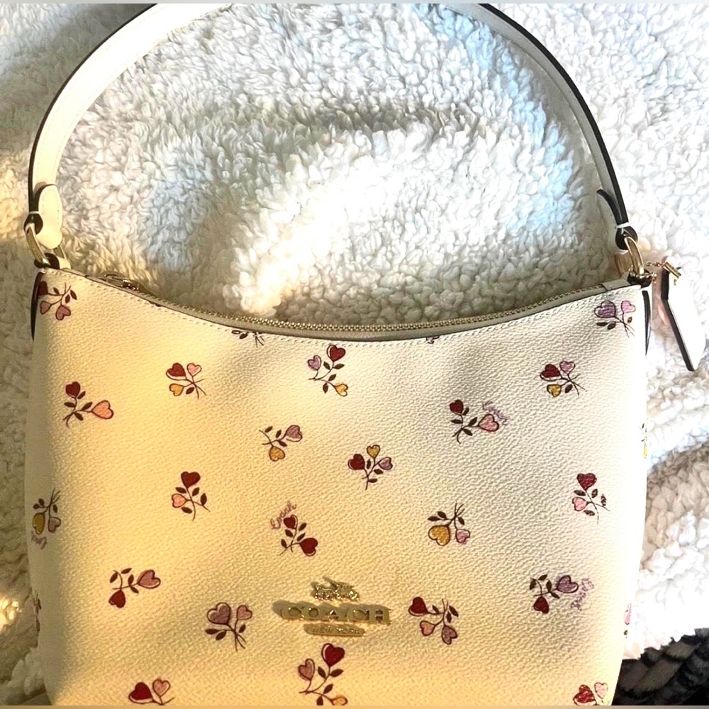 Coach Canvas/Leather Shoulder Bag With Heart/Floral Print, Cream And Pink